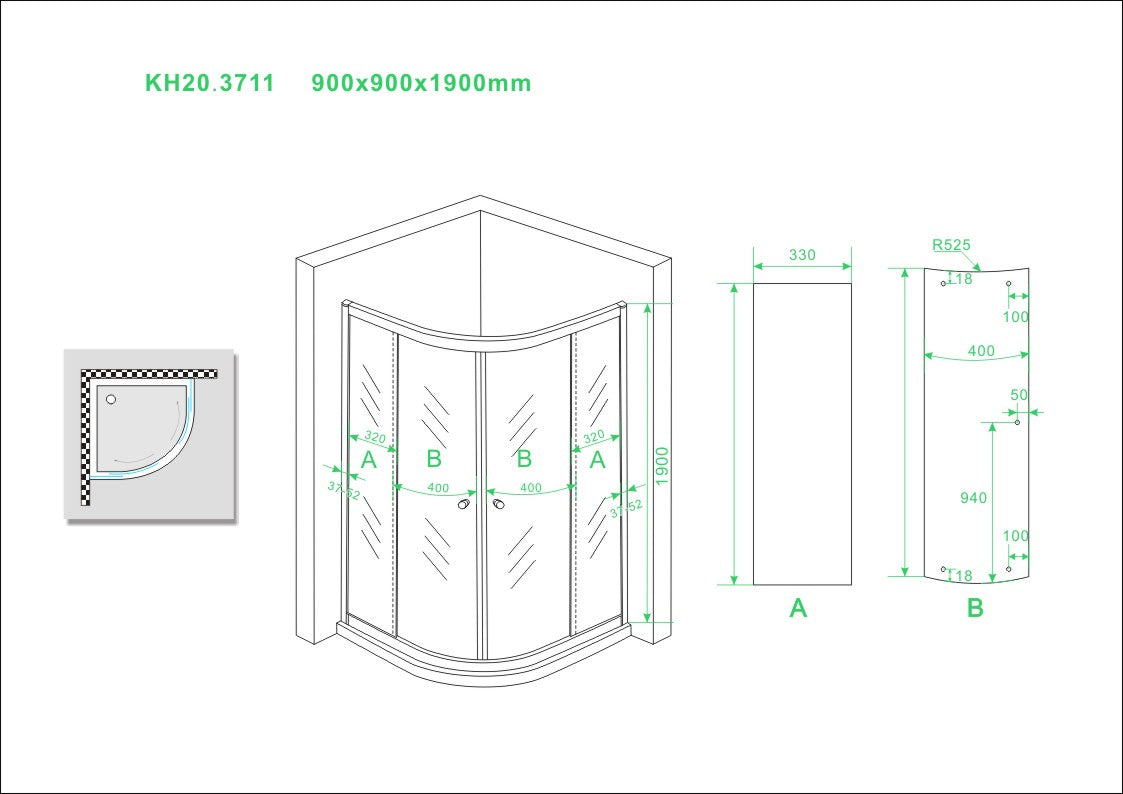 Wiesbaden Eco 1/4 ronde douchecabine 5mm 900x900x1900 helder glas