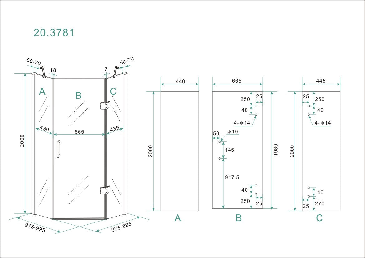 Wiesbaden 5-hoek douchecabine 8mm NANO 1000x1000x2000