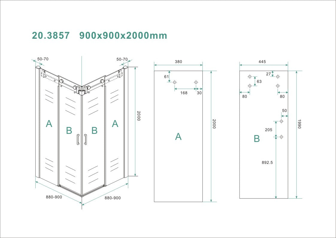 Wiesbaden hoekinstap + 2 schuifdeuren 900x900x2000 chr.8mm NANO