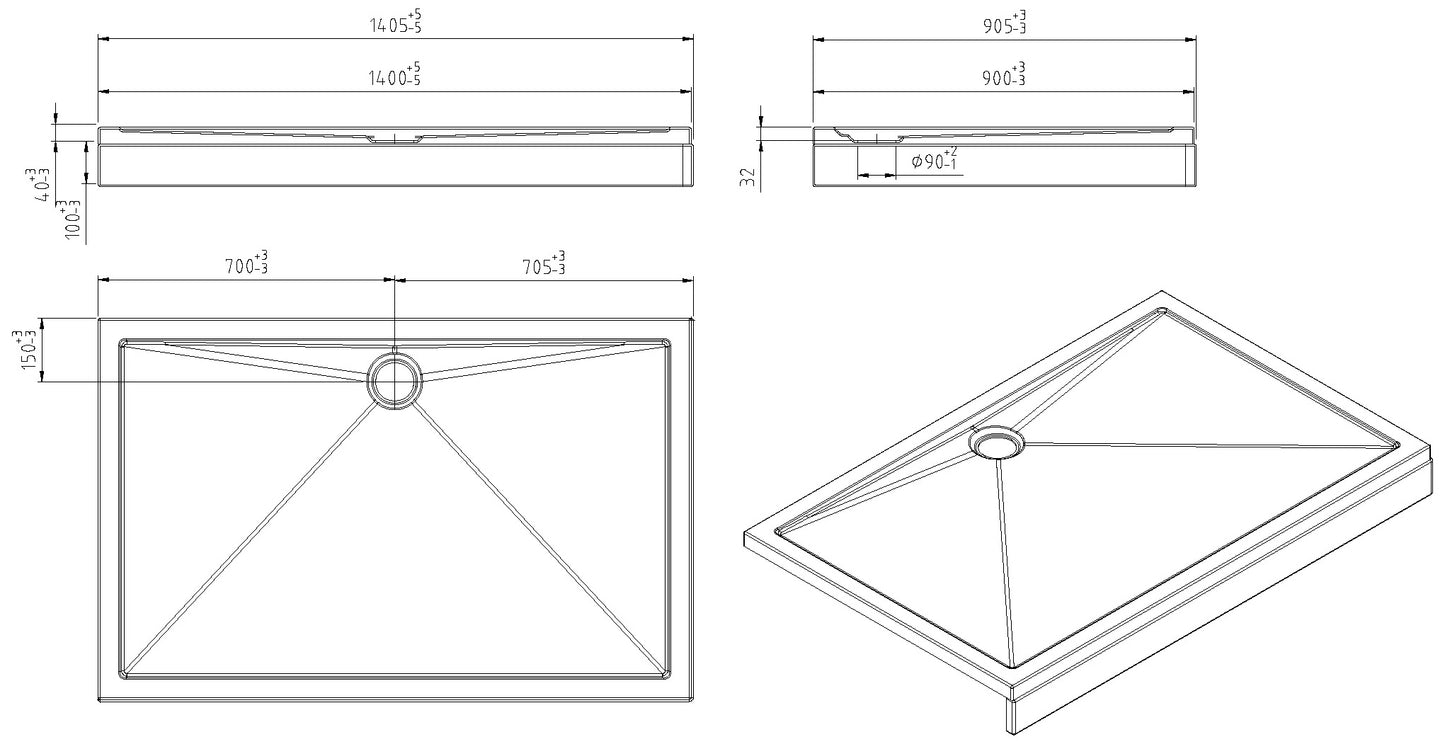 Wiesbaden Douchebak acryl 140x90x4 wit