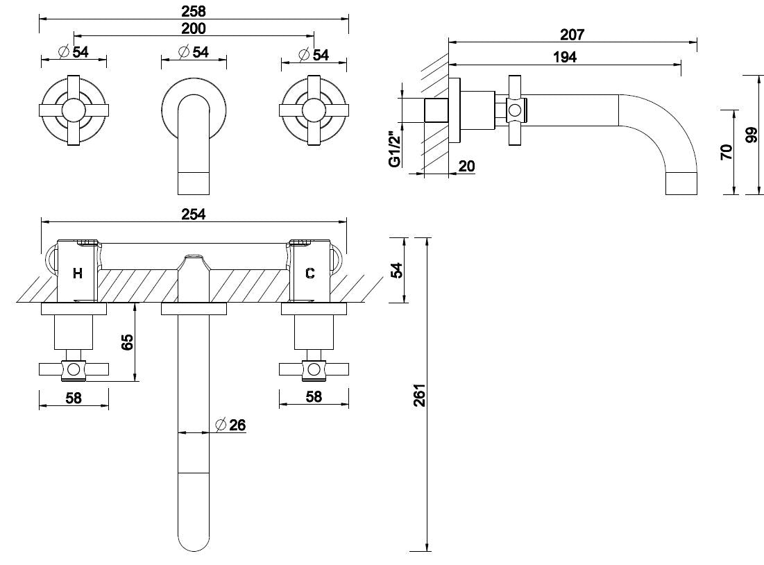 Wiesbaden Cross 2-knops wastafel-afbouwdeel geborsteld staal