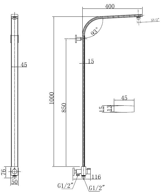Wiesbaden chr. mess. luxe douchestang+ omstelknop 45x1000