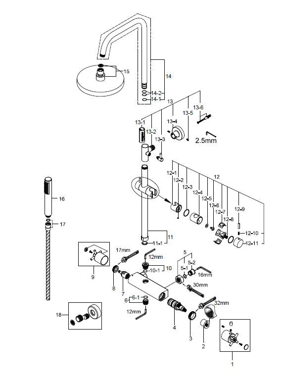 Wiesbaden Cross douche-opbouwset + therm. mengkraan chroom