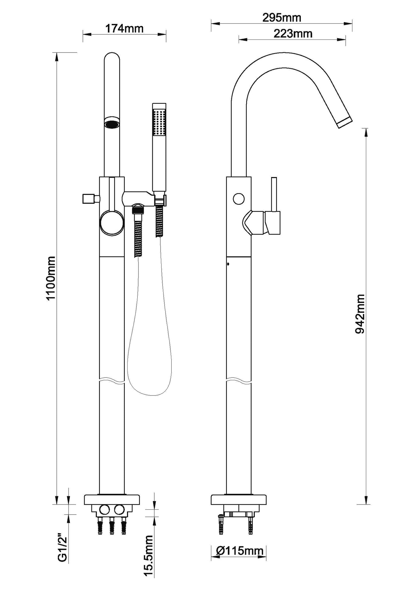 Wiesbaden Caral vrijstaande badmengkraan compleet geborsteld koper
