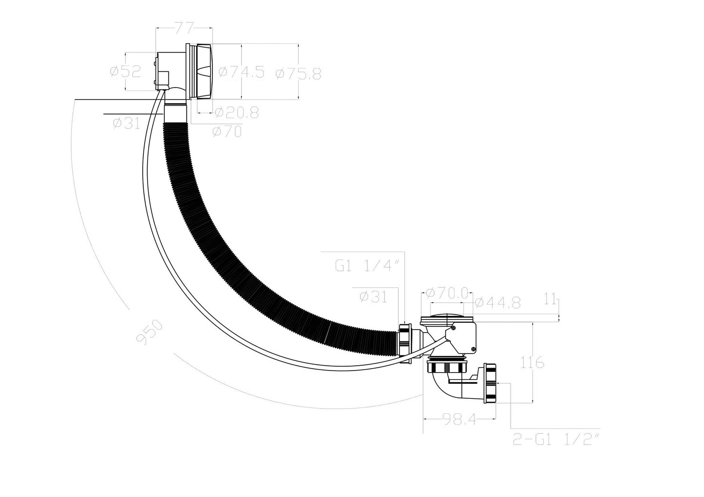 Wiesbaden verlengde bad-plugoverl.-comb.+waste chr. 40mm