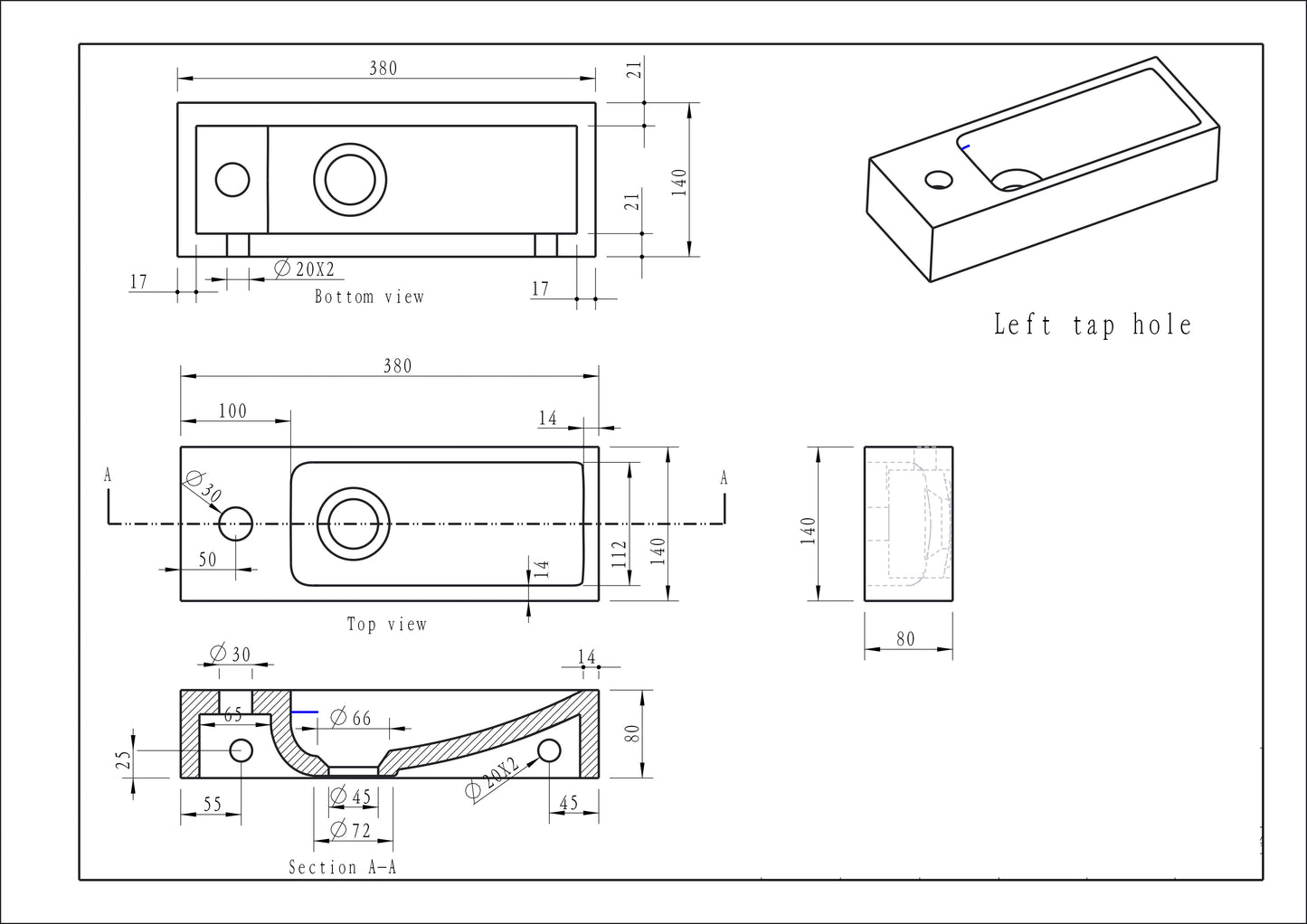 Wiesbaden Hardstenen smal fonteintje links 38x14x8