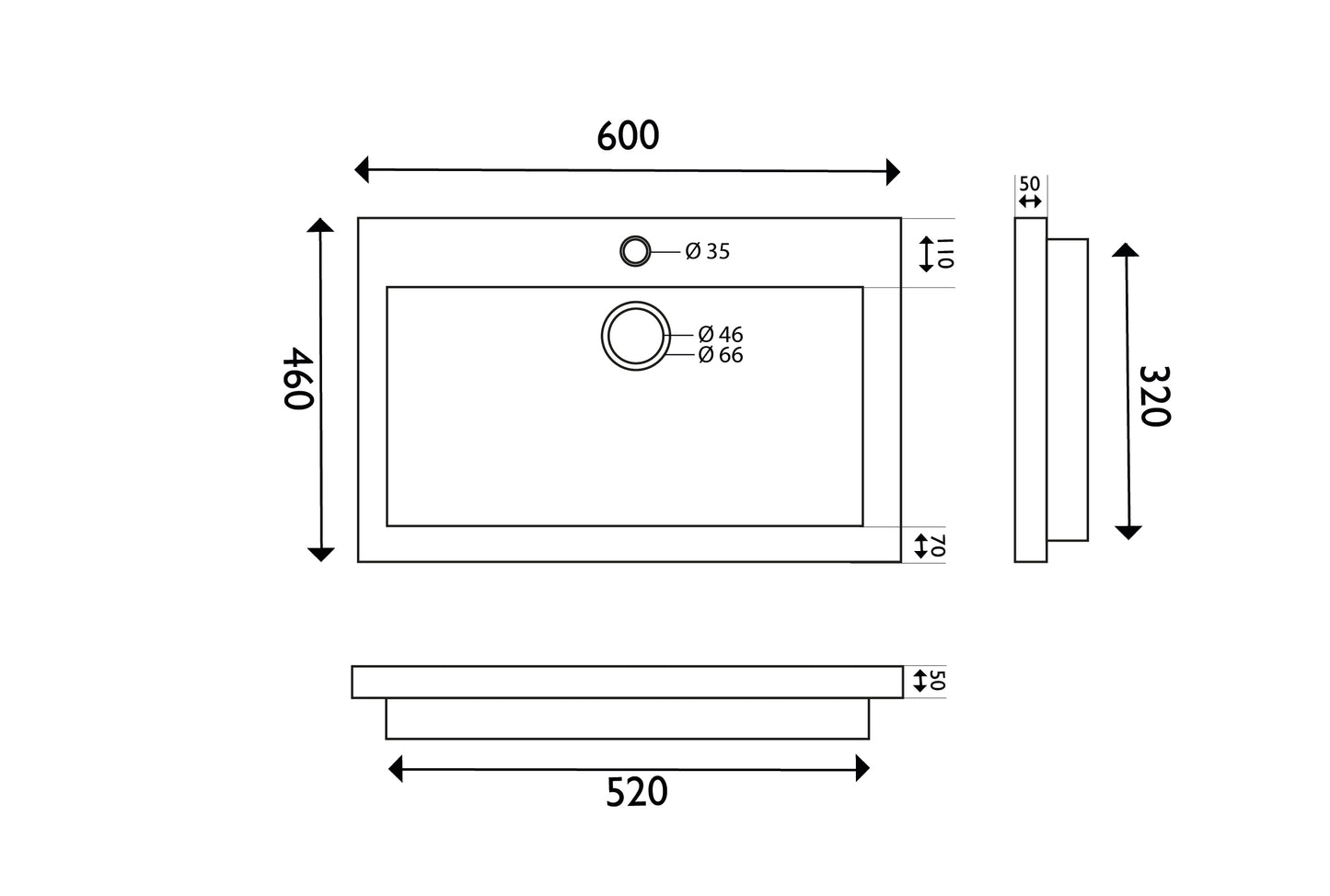 Wiesbaden hardstenen meubelwast. 60x46x5 met 1 kr.gat