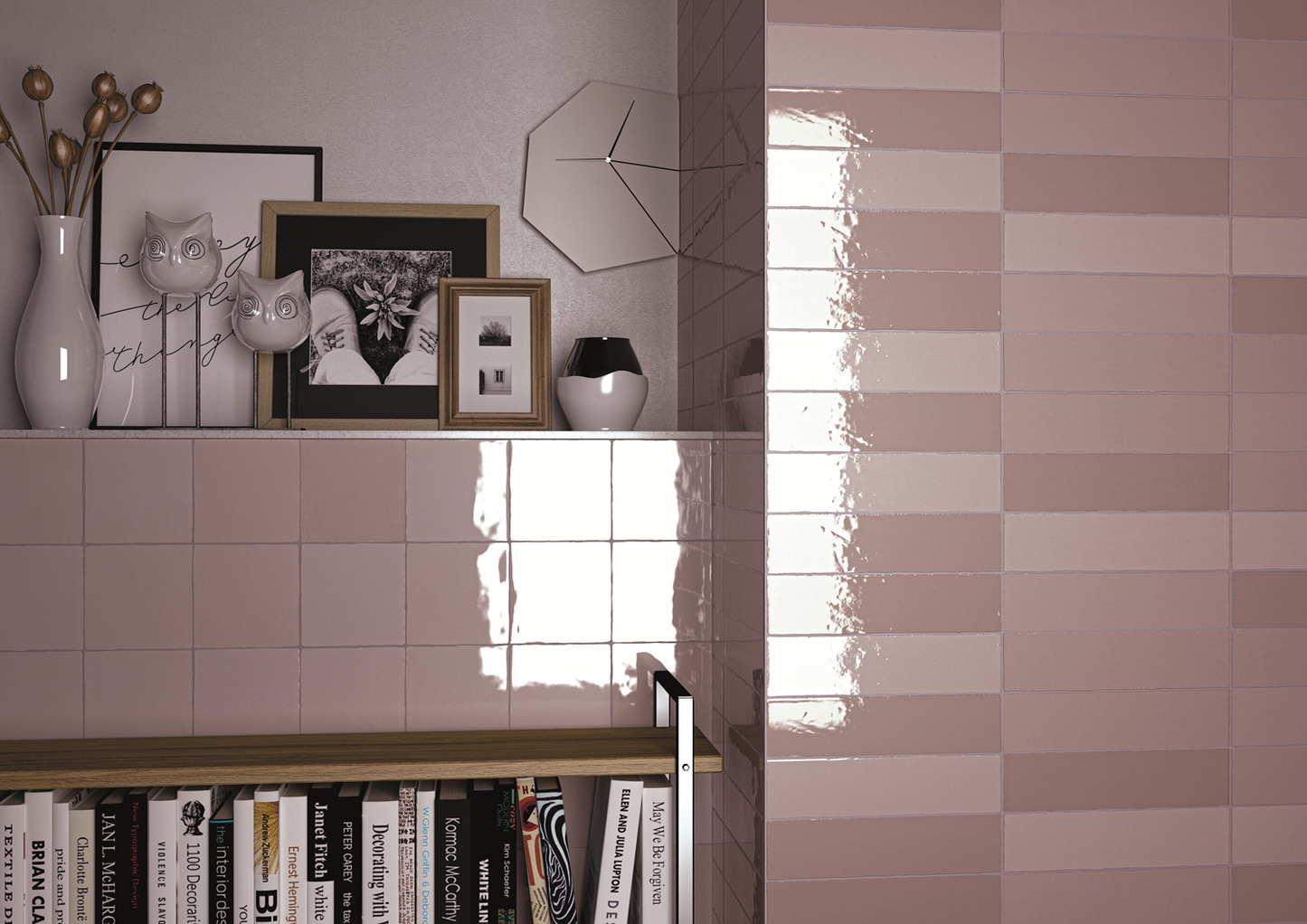 Wandtegel Moos Pink handvorm 6,5x26 glans