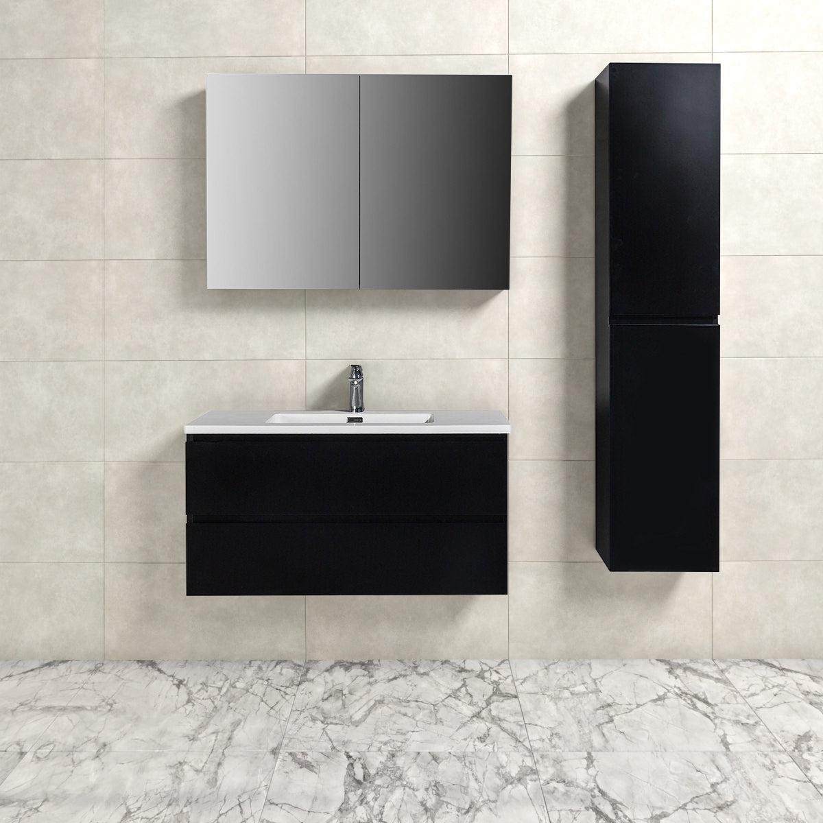 Badkamermeubel Tieme in mat zwart 100x50x48cm met witte wastafel
