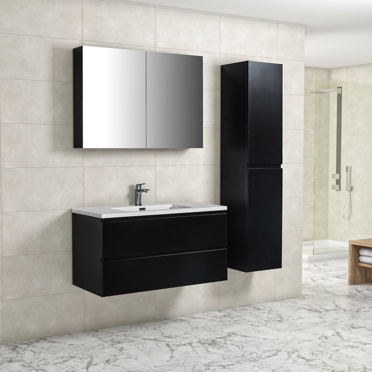 Badkamermeubel Tieme in mat zwart 100x50x48cm met witte wastafel