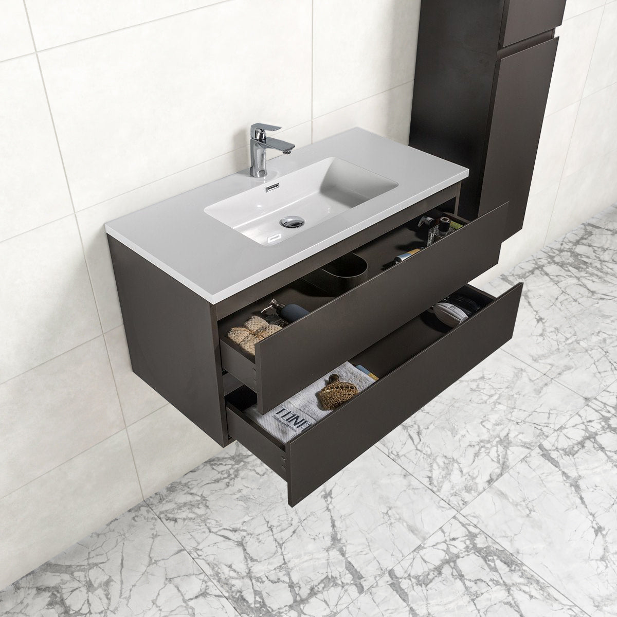 Badkamermeubel Tieme in mat grijs 100x50x48cm met witte wastafel