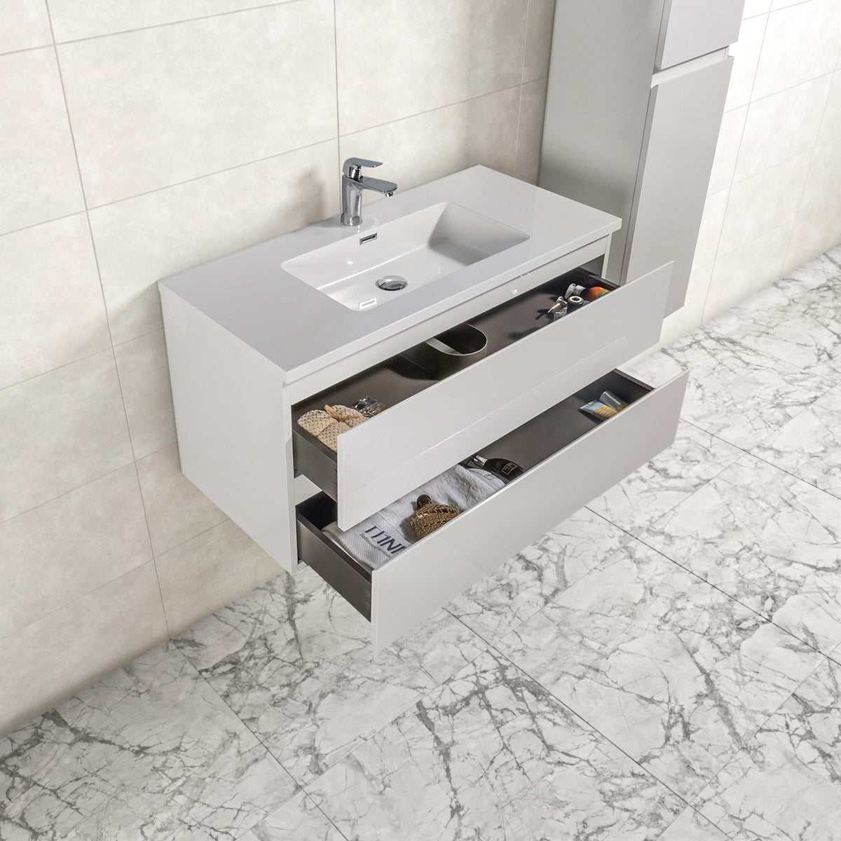 Badkamermeubel Tieme in hoogglans wit 100x50x48cm met witte wastafel