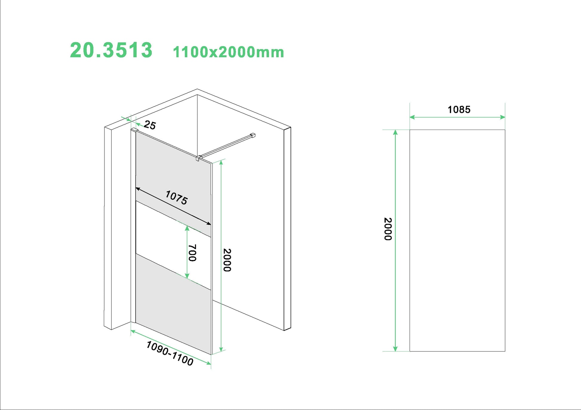 Slim inloopdouche gedeeltelijk rook matglas zonder profiel 110 cm 8 mm Nano 8719956084713