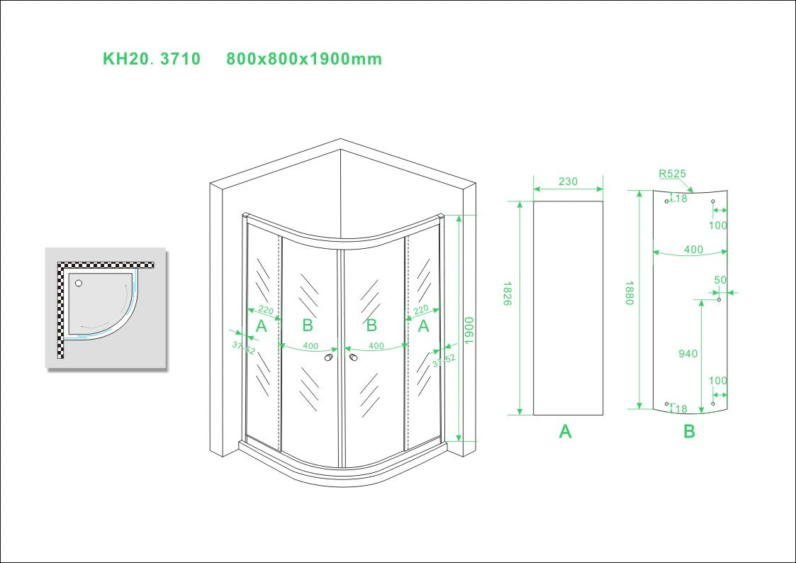 Wiesbaden Eco 1/4 ronde douchecabine 5mm 800x800x1900 helder glas