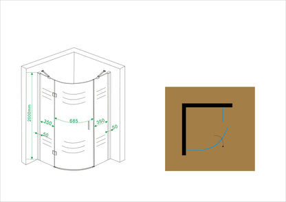 Douchecabine Wiesbaden kwartrond 1 deur LS 90x90cm 8mm NANO coating