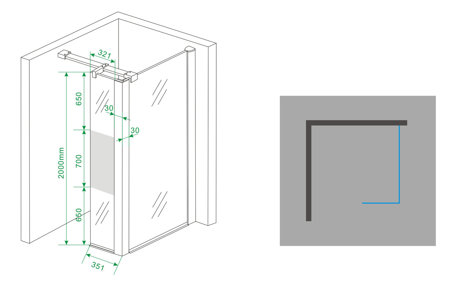 Wiesbaden zijwand + hoekprof 350x2000 10mm NANO ged.matglas