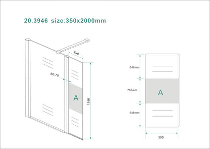 Wiesbaden zijwand+scharnierprof.links 350x2000 10mm NANO ged.matglas