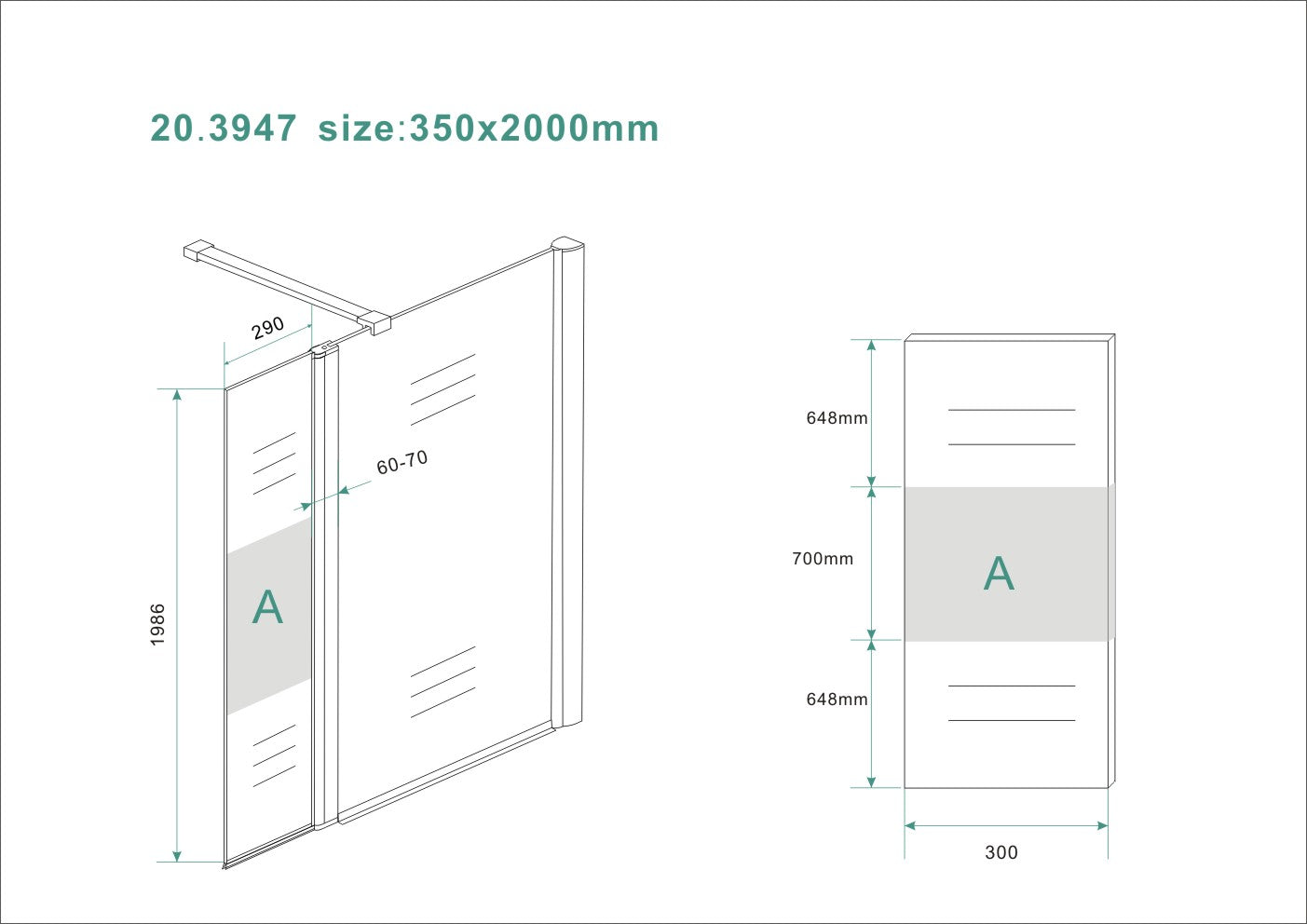 Wiesbaden zijwand+scharnierprof.rechts 350x2000 10mm NANO ged.matglas