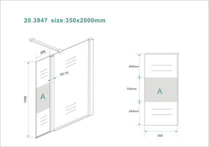 Wiesbaden zijwand+scharnierprof.rechts 350x2000 10mm NANO ged.matglas