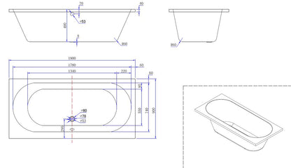 Wiesbaden Portus RD inbouw ligbad 190*90*49 cm wit DUO