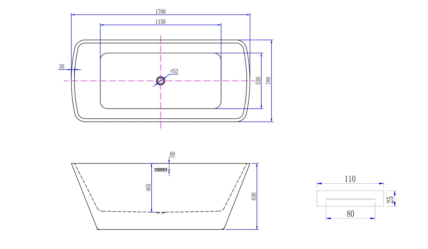 Wiesbaden Larx vrijstaand vierkant acryl ligbad 170 x 78 wit