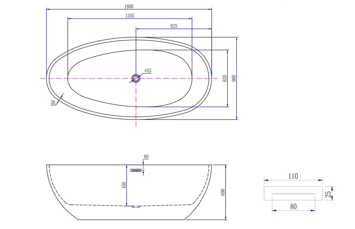 Wiesbaden Ellips vrijstaand acryl ligbad 180 x 90 wit