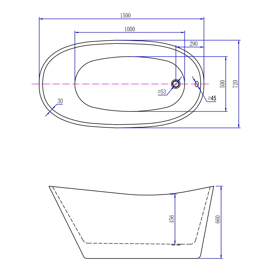 Wiesbaden Trapeze vrijstaand acryl ligbad 150 x 72 wit