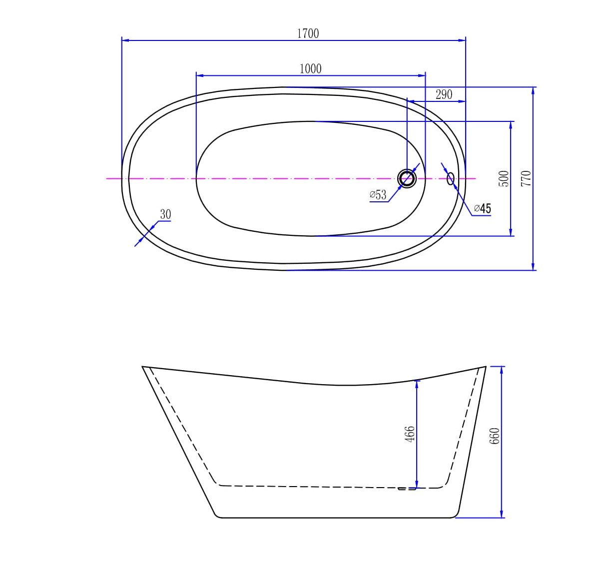 Wiesbaden Trapeze vrijstaand acryl ligbad 170 x 77 wit