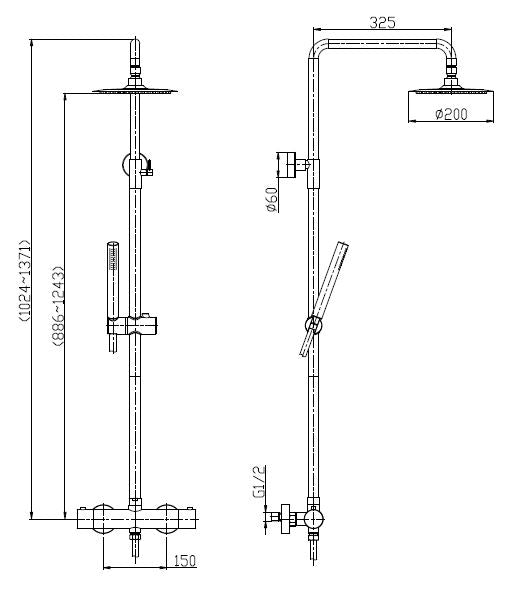 Wiesbaden 304 RVS douche-opbouwset + therm. kraan matzwart