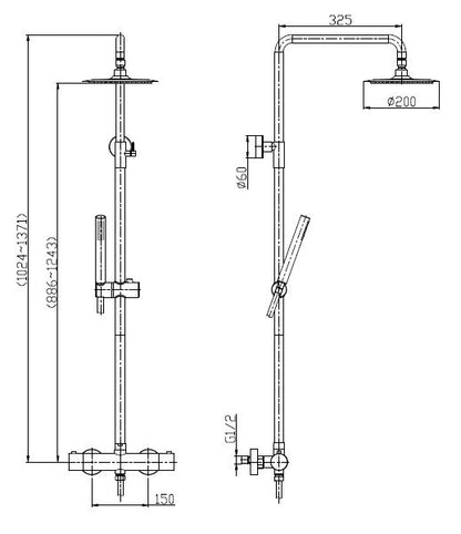 Wiesbaden 304 RVS douche-opbouwset + therm. kraan matzwart