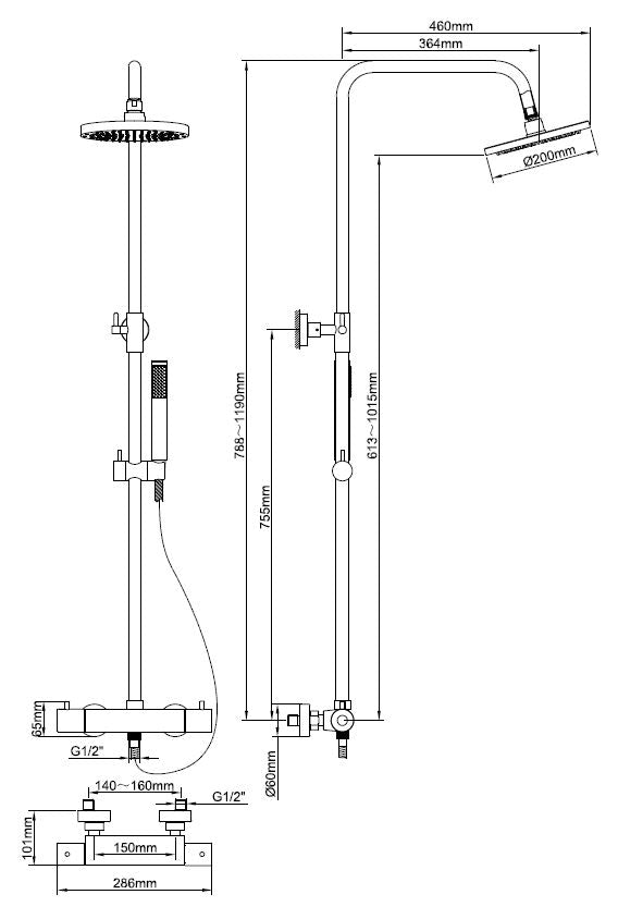 Caral thermostatische doucheopbouwset 20 cm zwart 8719323038387