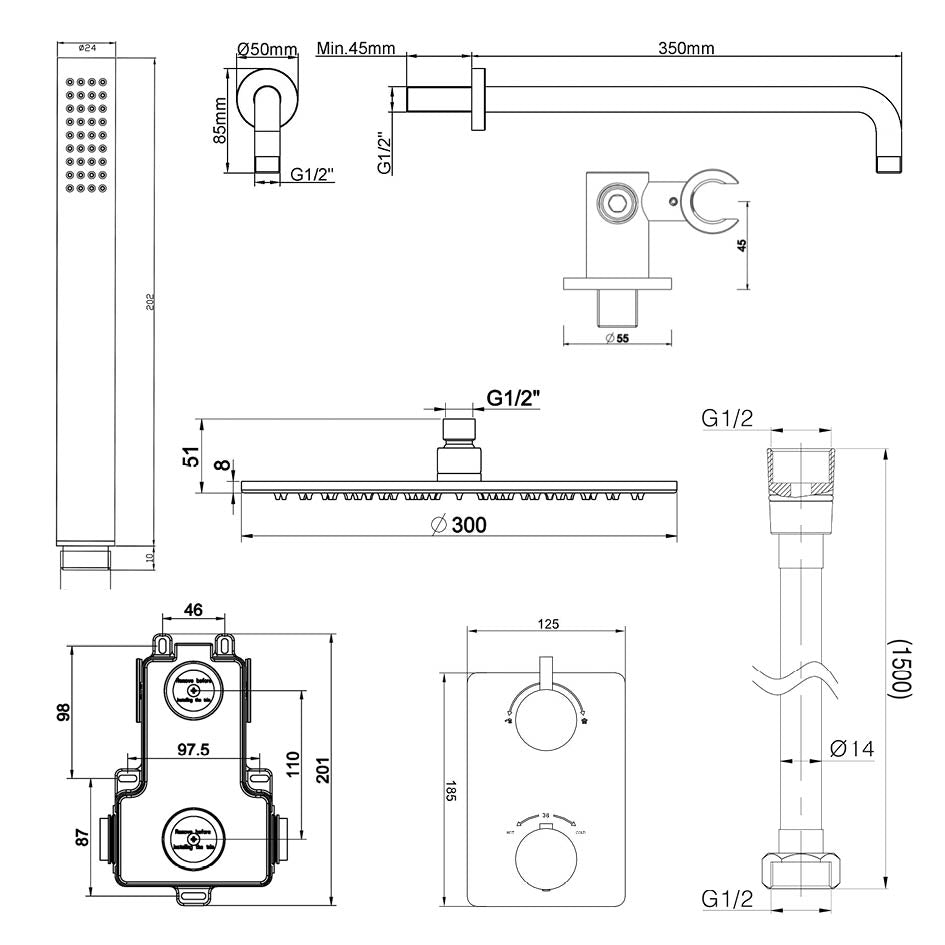 Wiesbaden Caral inbouwthermostaat compleet met hoofddouche 30 cm en staafhanddouche gunmetal