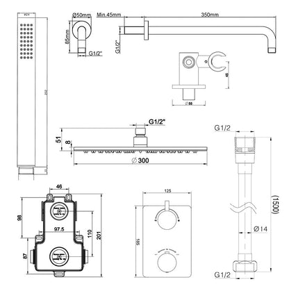 Wiesbaden Caral inbouwthermostaat compleet met hoofddouche 30 cm en staafhanddouche gunmetal