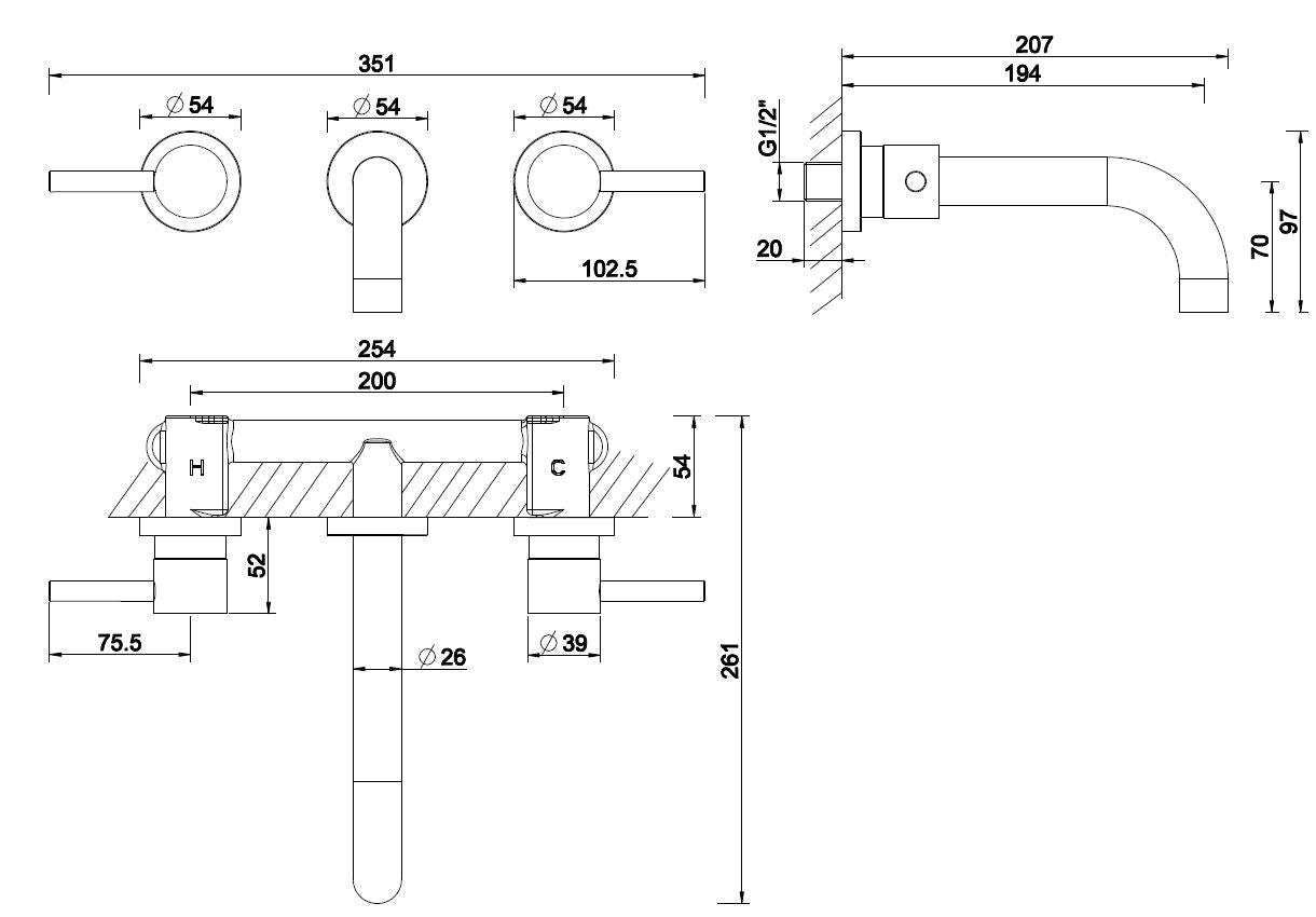 Wiesbaden Caral 2-knops wastafel-afbouwdeel chroom