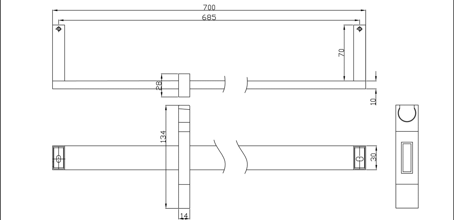 Wiesbaden chroom messing glijstang+glijstuk vierkant 700mm