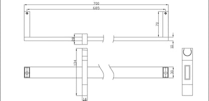 Wiesbaden chroom messing glijstang+glijstuk vierkant 700mm