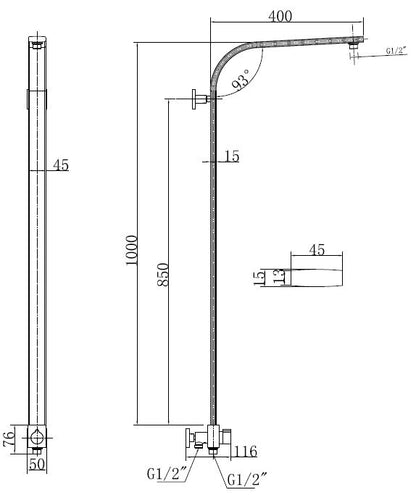 Wiesbaden chr. mess. luxe douchestang+ omstelknop 45x1000