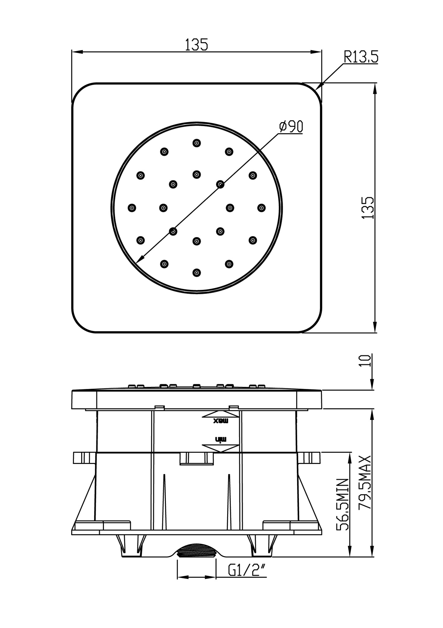 Wiesbaden inbouw verstelbare zijdouche vierkant 135x135 ABS chr
