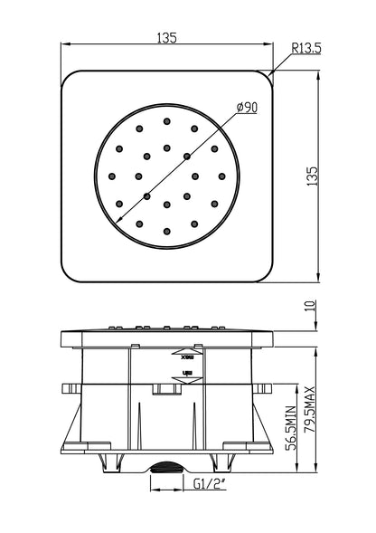 Wiesbaden inbouw verstelbare zijdouche vierkant 135x135 ABS chr