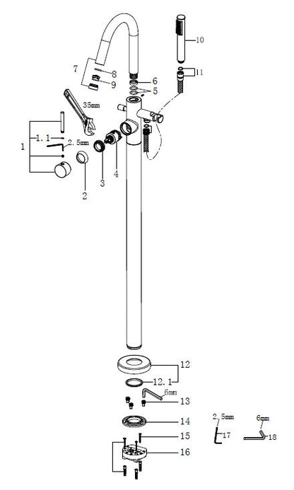 Wiesbaden Caral vrijstaande badmengkraan compleet geborsteld staal