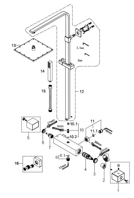 Wiesbaden Rombo douche-opbouwset + thermostaatkraan chroom