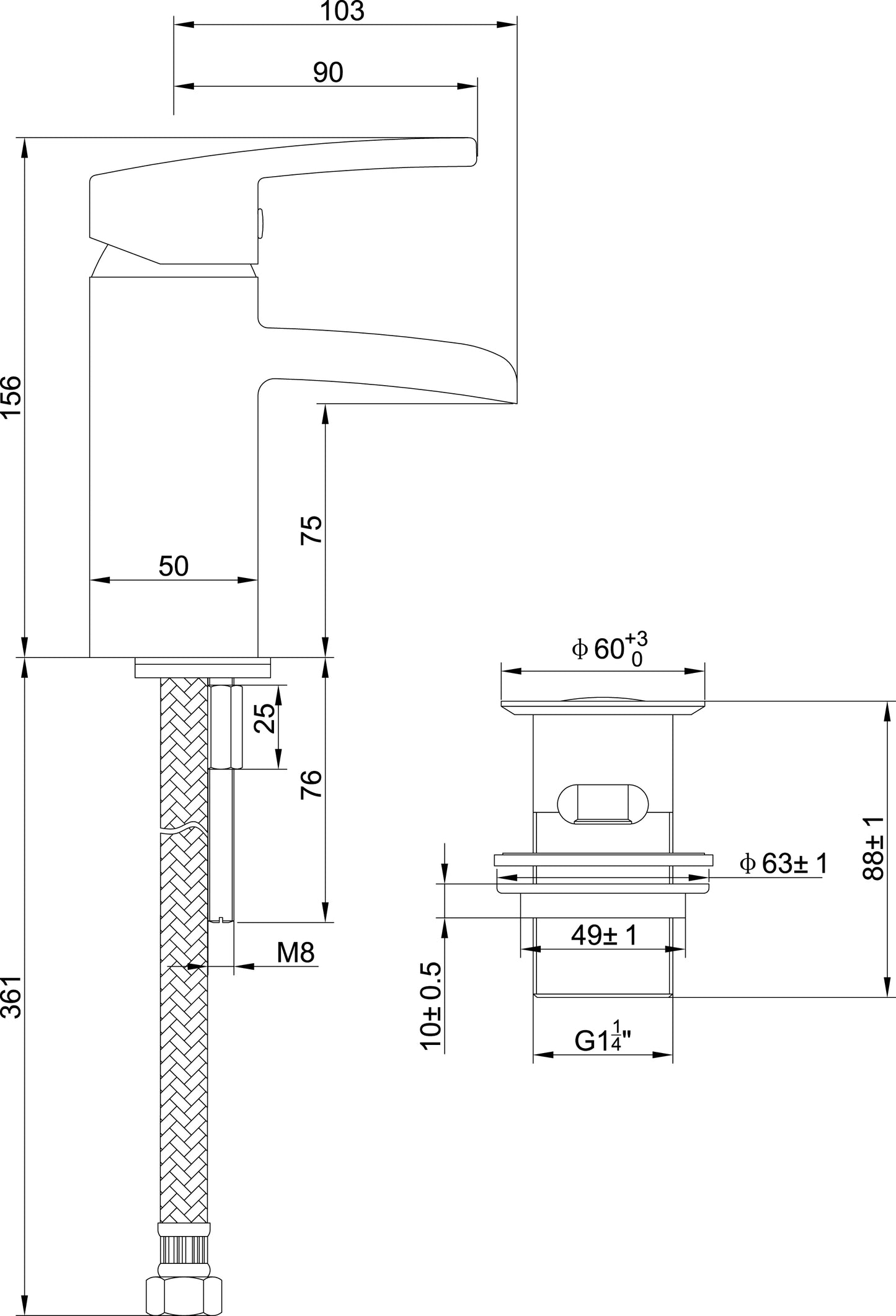 Wiesbaden Rombo waterval-wastafelkraan + clickwaste geborsteld staal