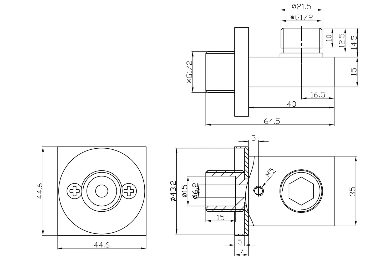 Wiesbaden luxe mess. muur doucheaansluiting vierkant 1/2'' geborsteld staal