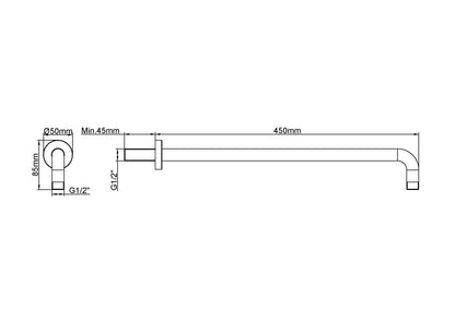 Wiesbaden gebogen douche-arm rond muur. 45cm geborsteld messing