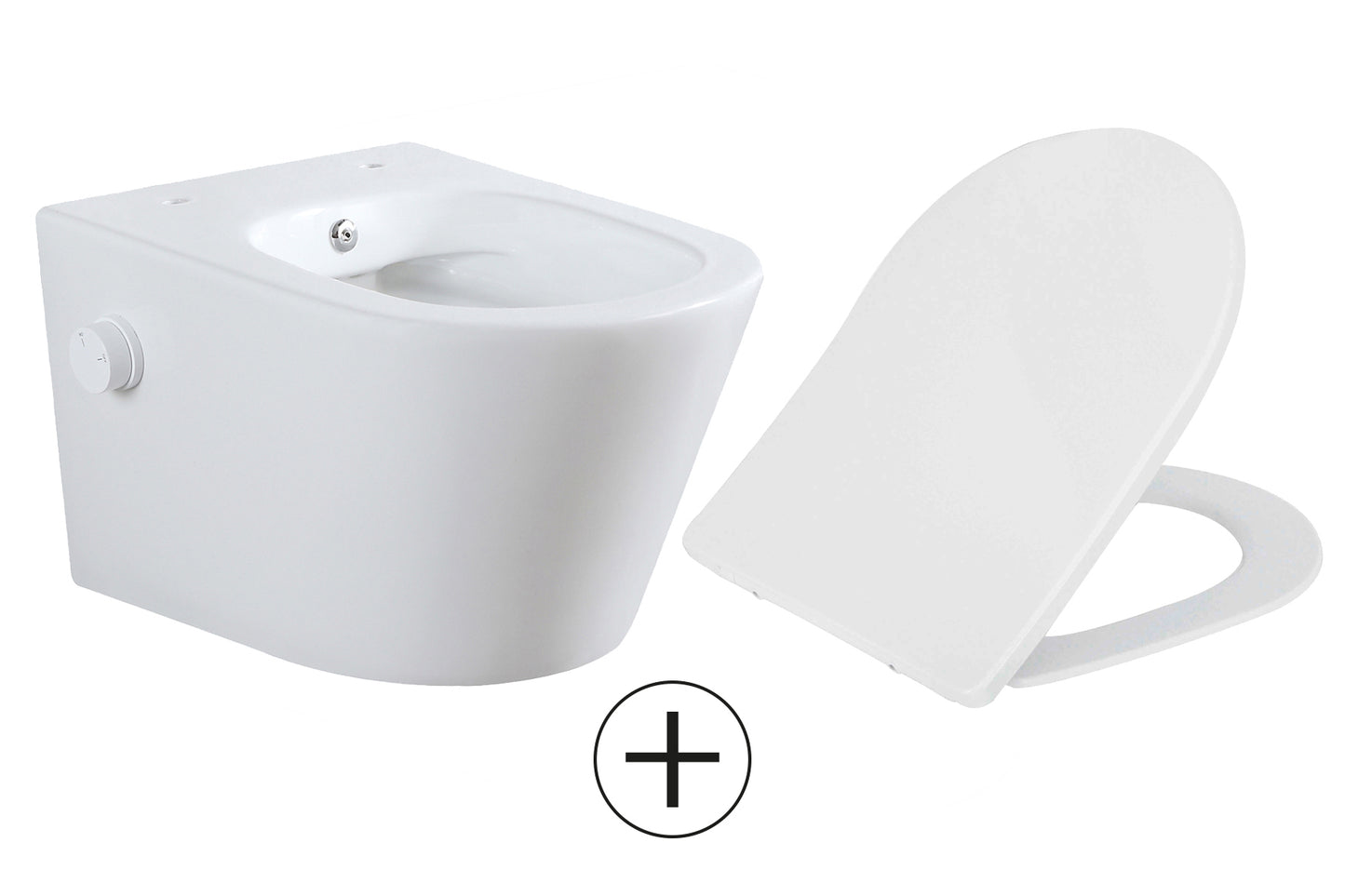 Vesta wandcloset rimless met bidetkraan koud water met Shade slim toiletzitting mat wit