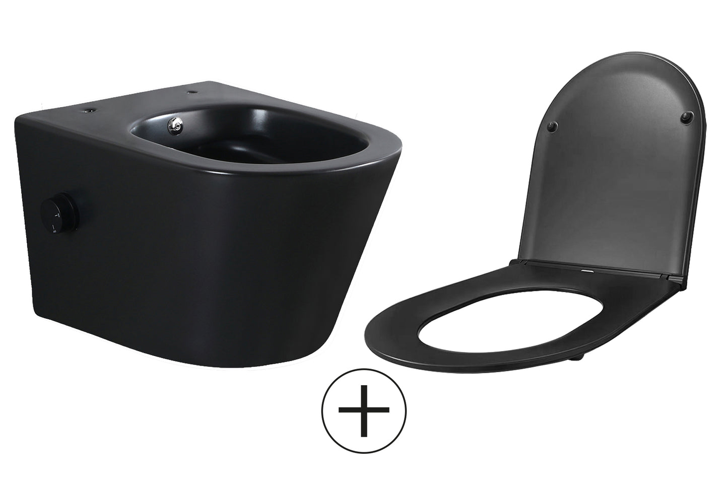 Vesta wandcloset rimless met bidetkraan koud water met Flatline toiletzitting mat zwart