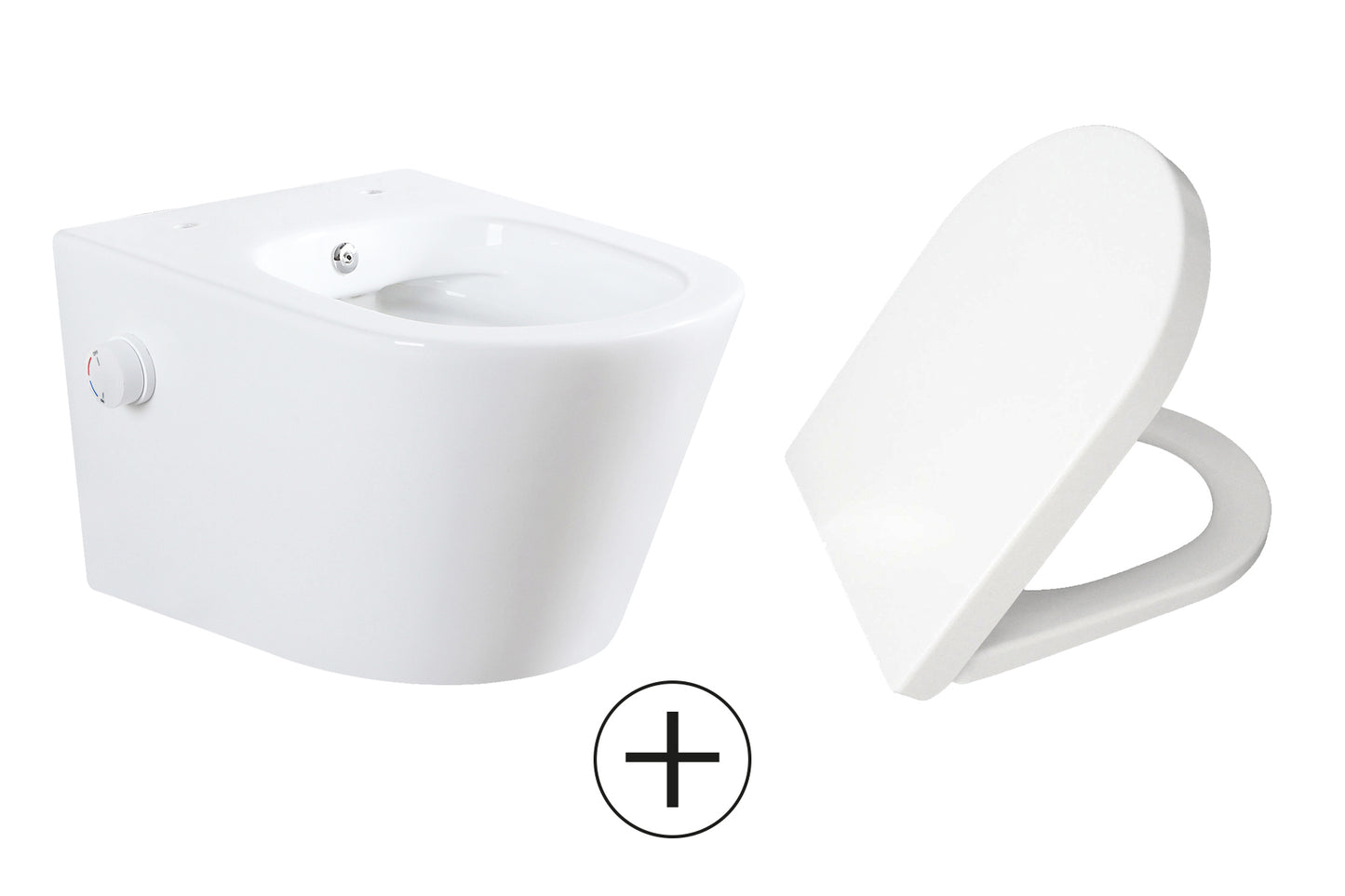 Vesta wandcloset rimless met bidetkraan warm koud water met Vesta toiletzitting glans wit