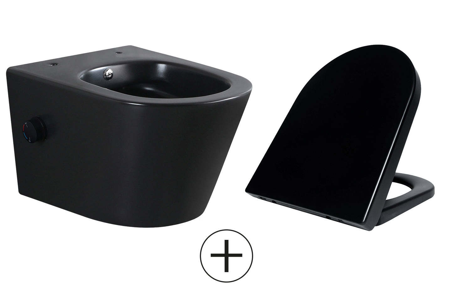 Vesta wandcloset rimless met bidetkraan warm koud water met Vesta toiletzitting mat zwart