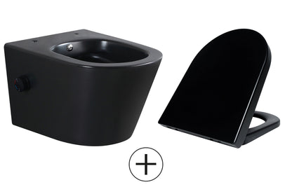 Vesta wandcloset rimless met bidetkraan warm koud water met Vesta toiletzitting mat zwart