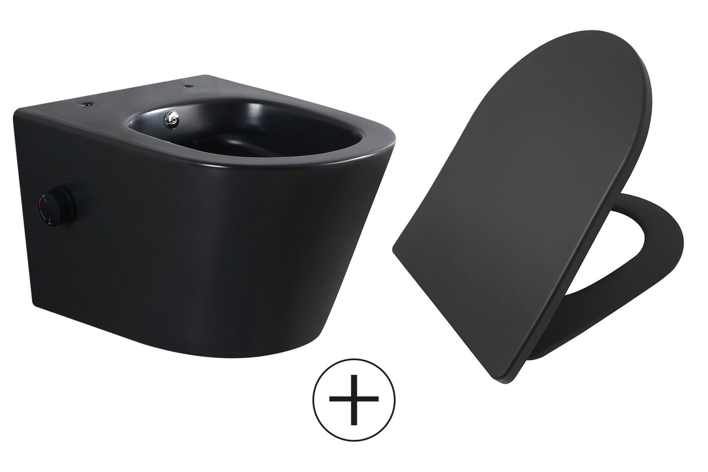 Vesta wandcloset rimless met bidetkraan warm koud water met Shade slim toiletzitting mat zwart